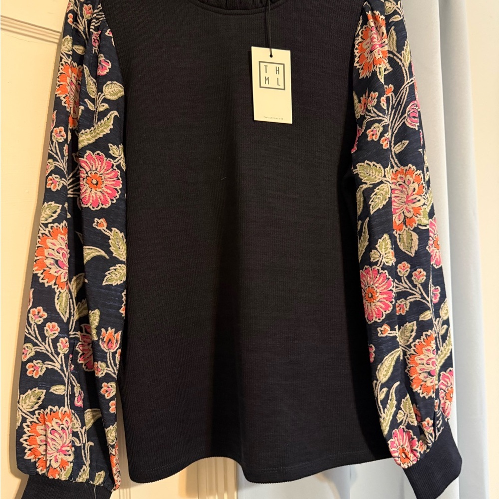THML Navy Blue Blouse with Colorful Floral Sleeves